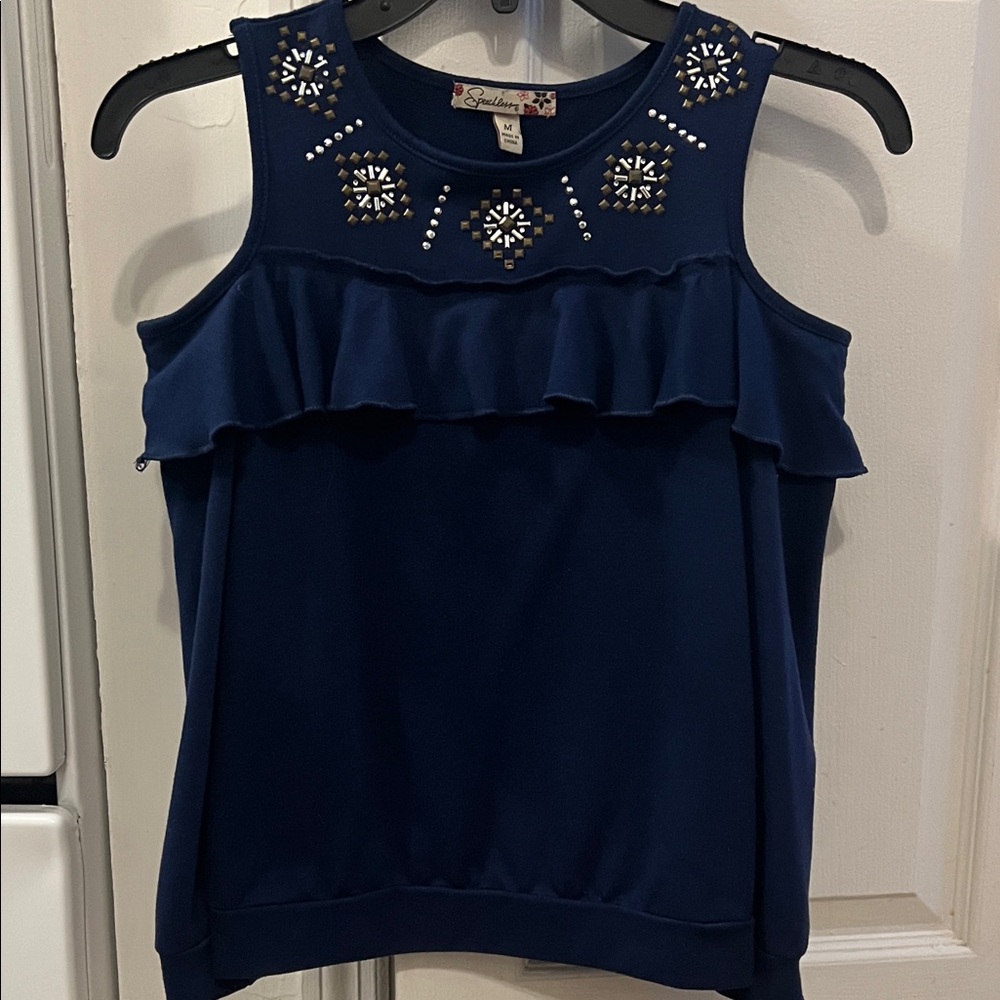 Speechless Navy Embellished Ruffle Blouse